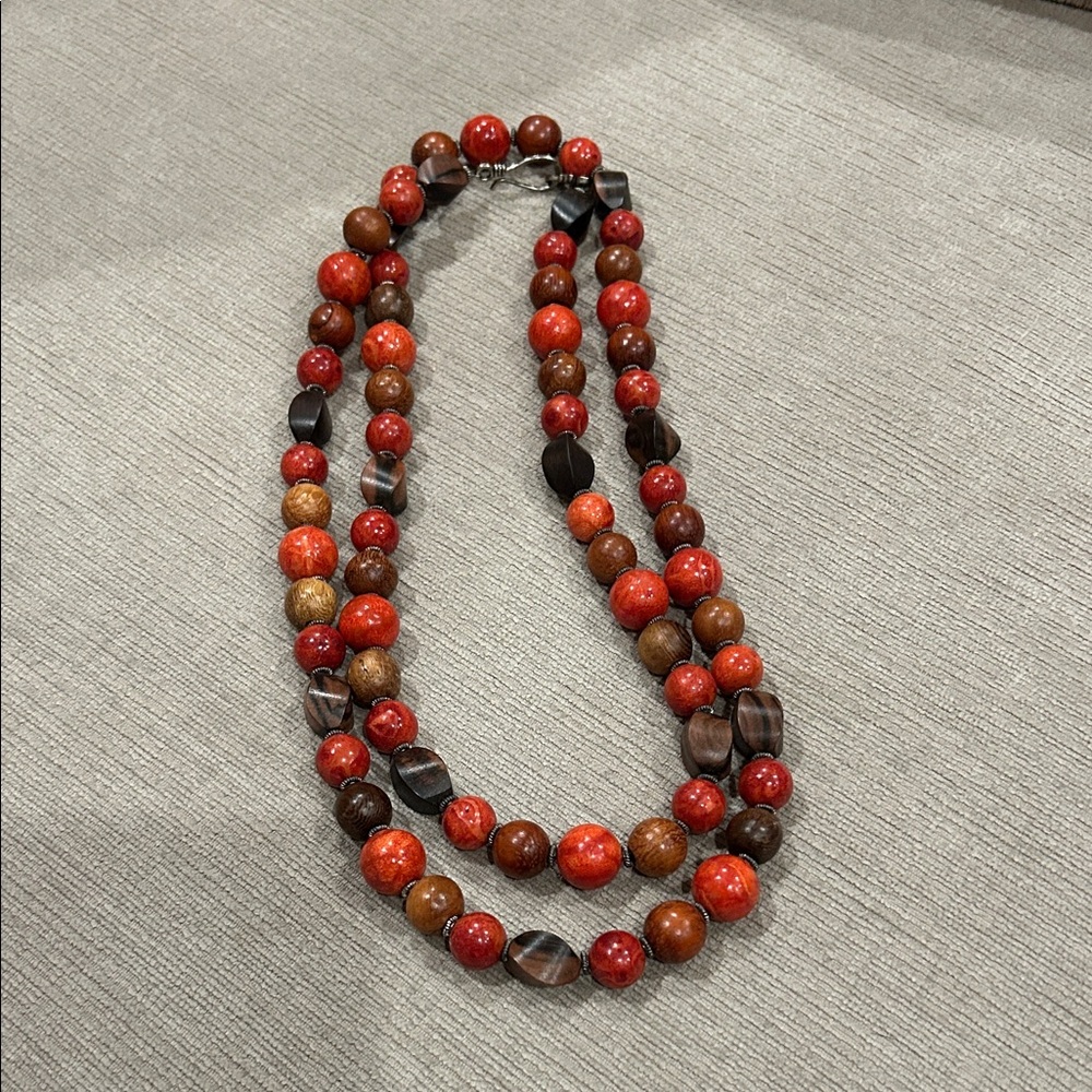 Elegant rust orange Jasper stone and brown wooden Brown Beaded Necklace